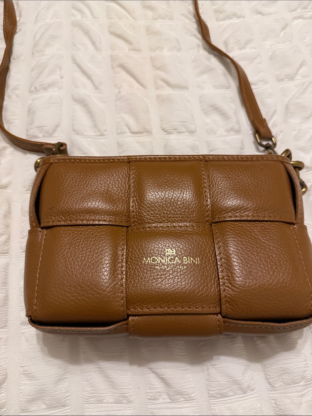 Woven Tan Leather Crossbody Bag